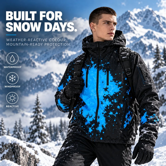 Chromapeak Shift Jacket in black with blue reactive pattern on a snowy mountain