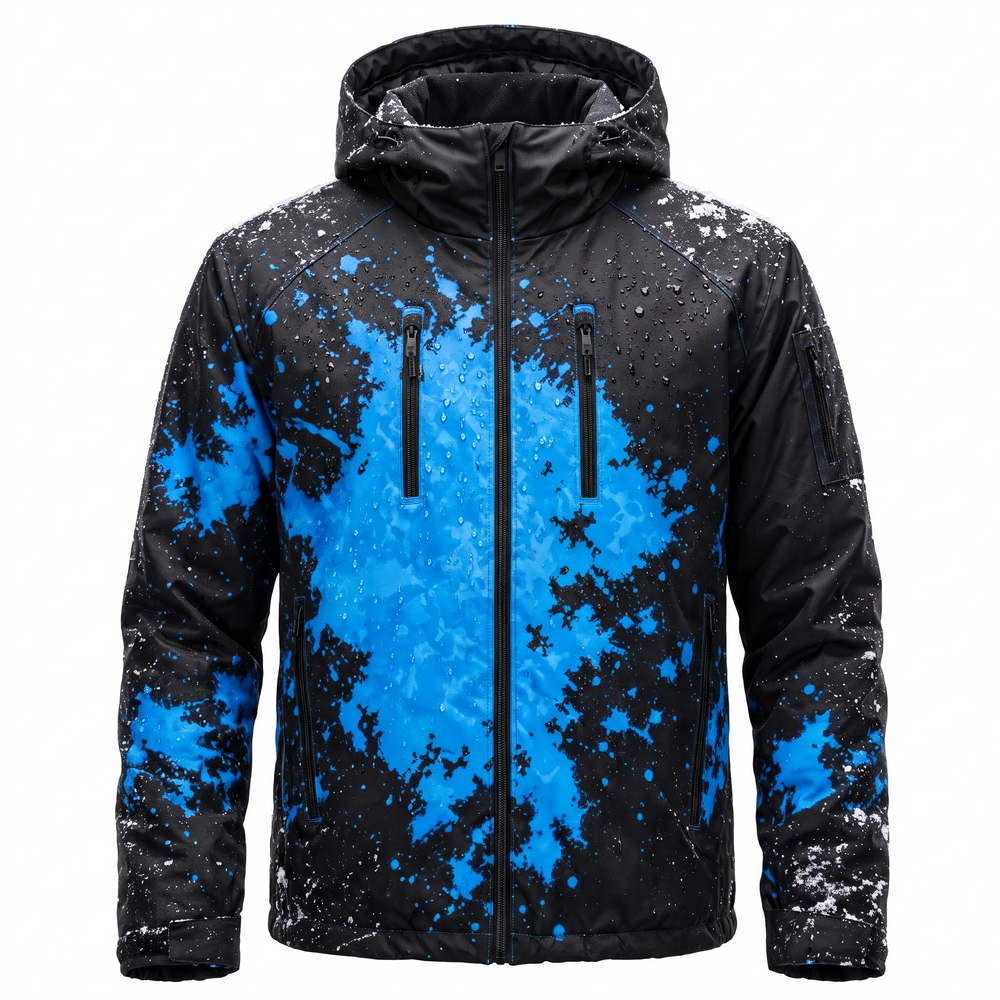 Chromapeak jacket wet, blue pattern revealed