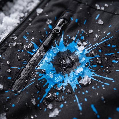 Blue pattern blooming where snow hits the jacket