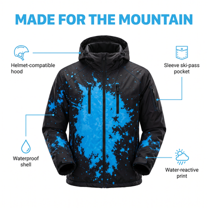 Chromapeak jacket features: helmet-compatible hood, waterproof shell, sleeve ski-pass pocket, water-reactive print