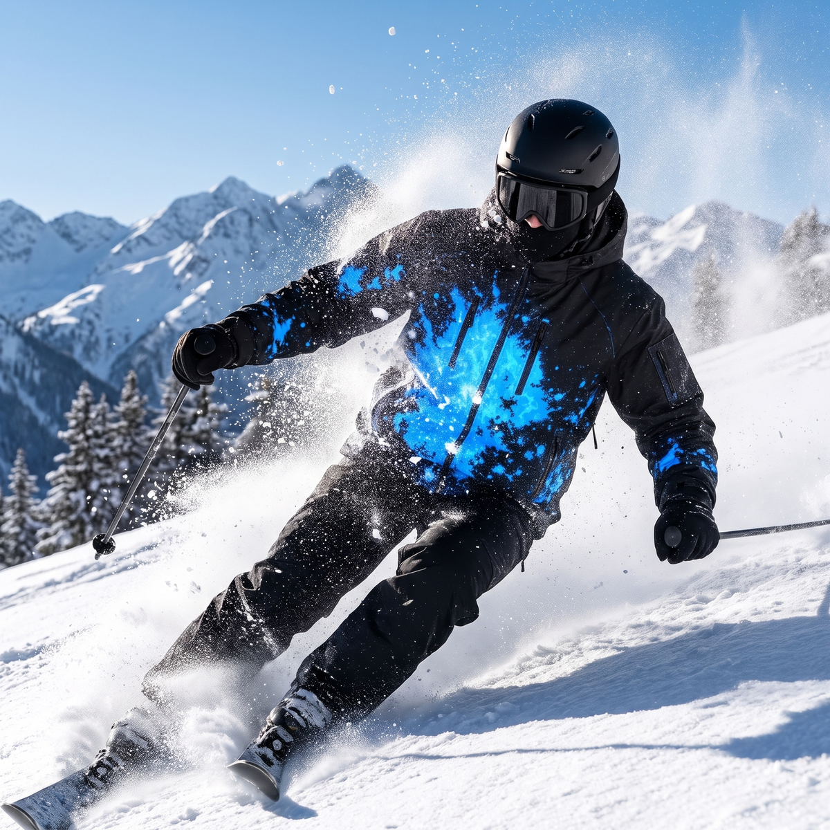 Skier carving powder in the Chromapeak jacket