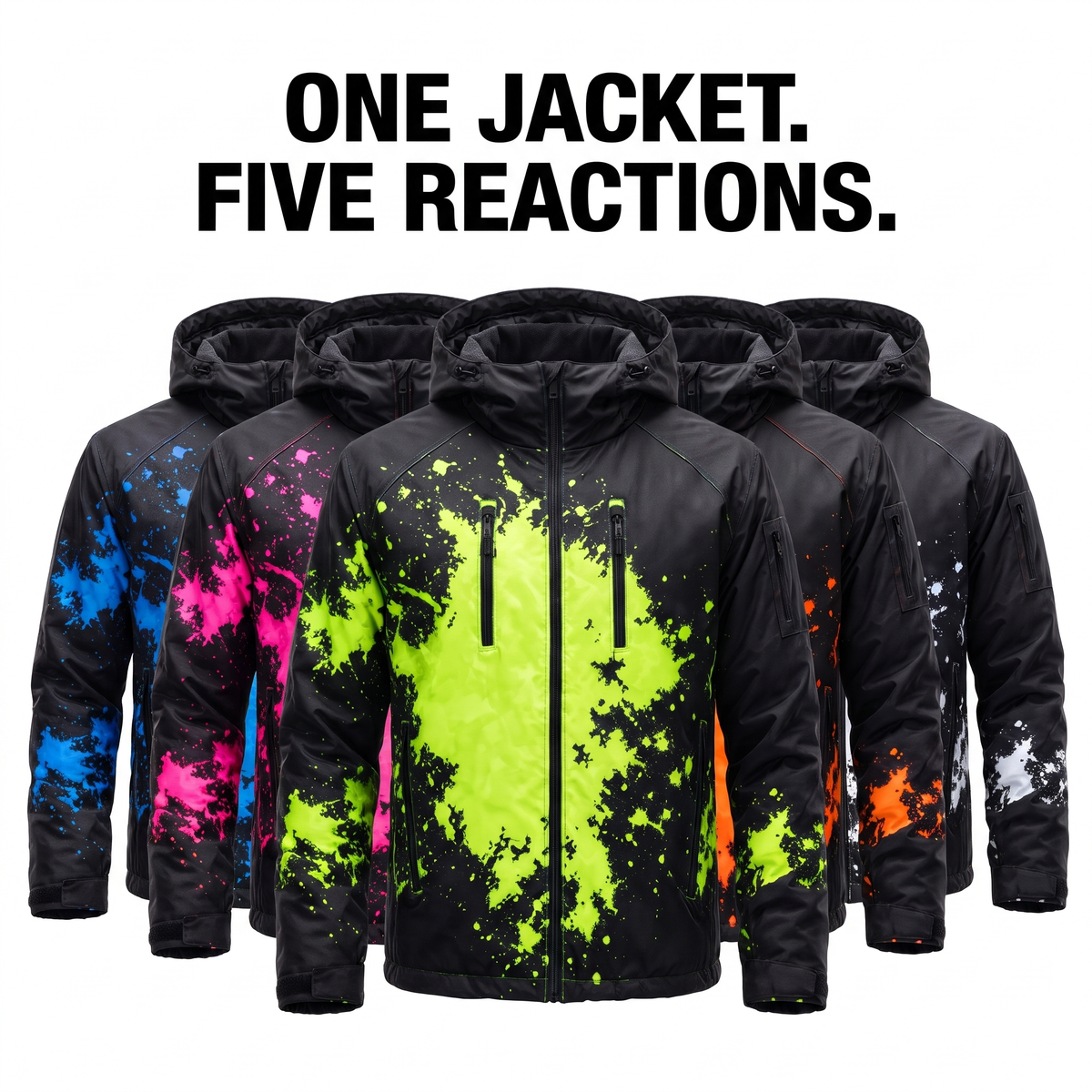 One jacket, five reactions: blue, pink, green, orange and white