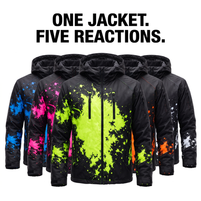 One jacket, five reactions: blue, pink, green, orange and white