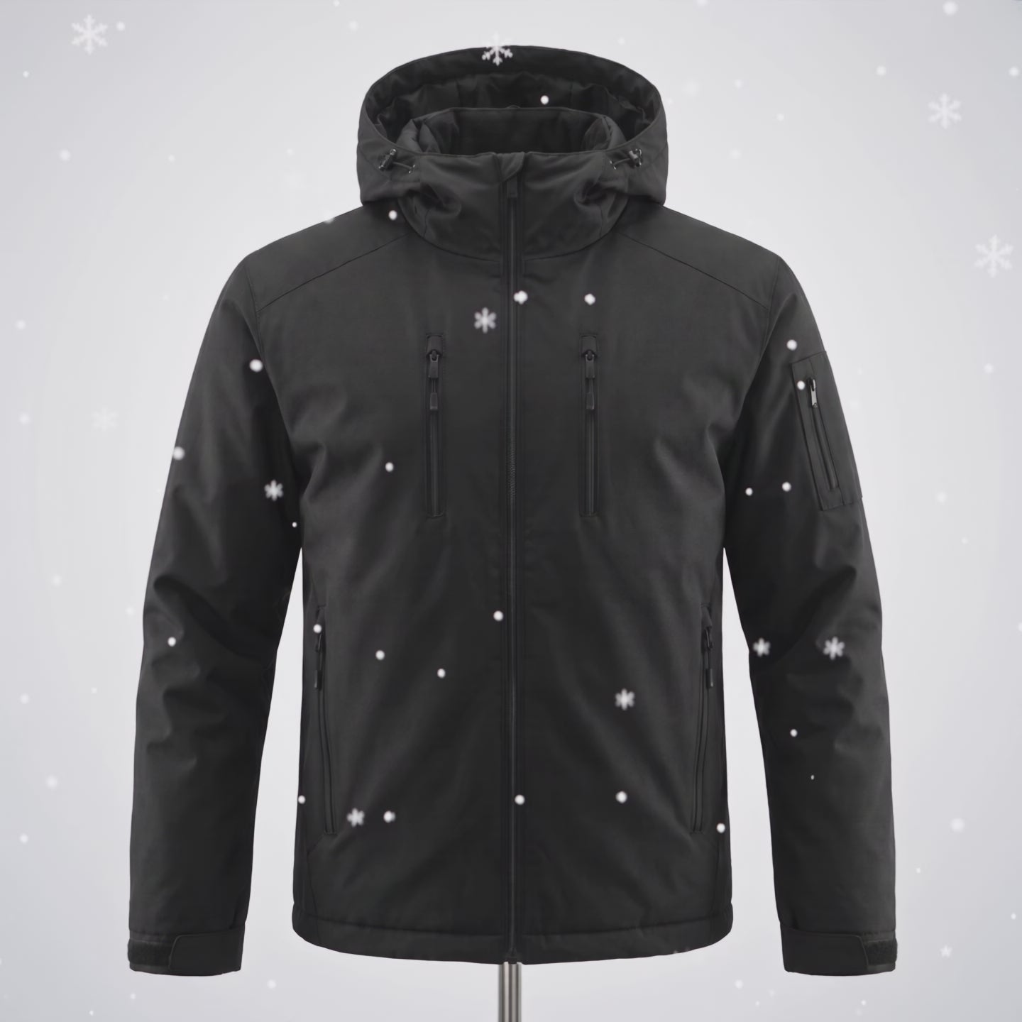 Snow falls on the black Chromapeak jacket and the blue pattern appears
